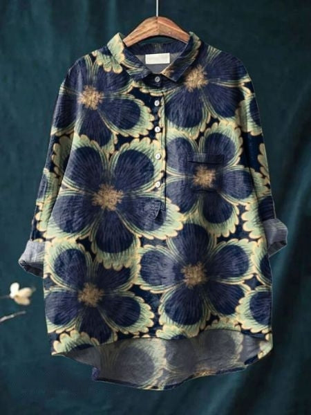 Women's cotton-linen floral shirt, print 6 - midnight poppy