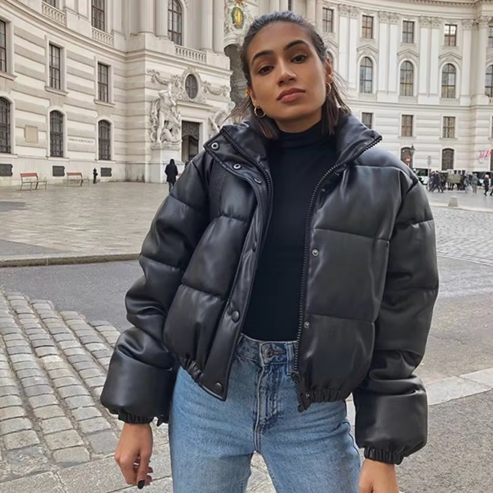 Milla - Women's Cropped Vegan Leather Puffer Jacket Bold and Warm Streetwear Look