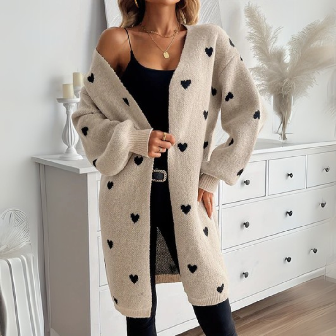 Women's Long Cardigan with Heart Motif
