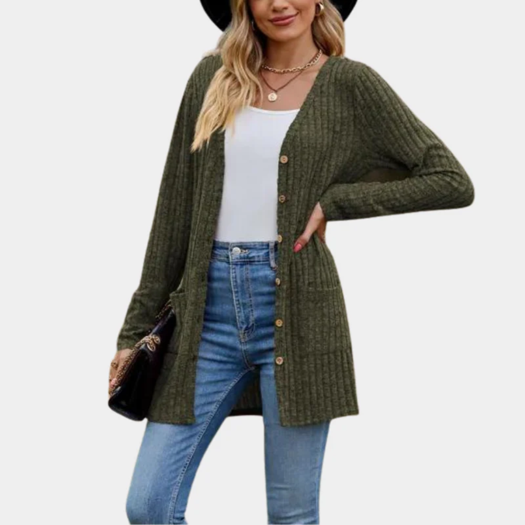 Jemima - Women's Ribbed Knit Button-Up Longline Cardigan