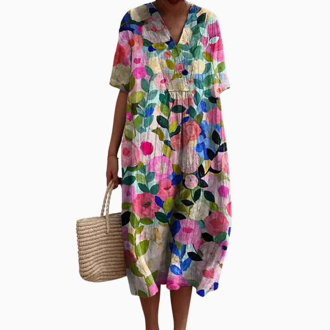 Women's Floral V Neck Relaxed Midi Dress for Everyday Wear