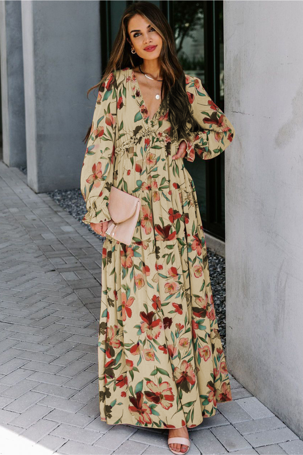 Aveline - Women's Wild Lotus Ruffle Tiered Maxi Dress