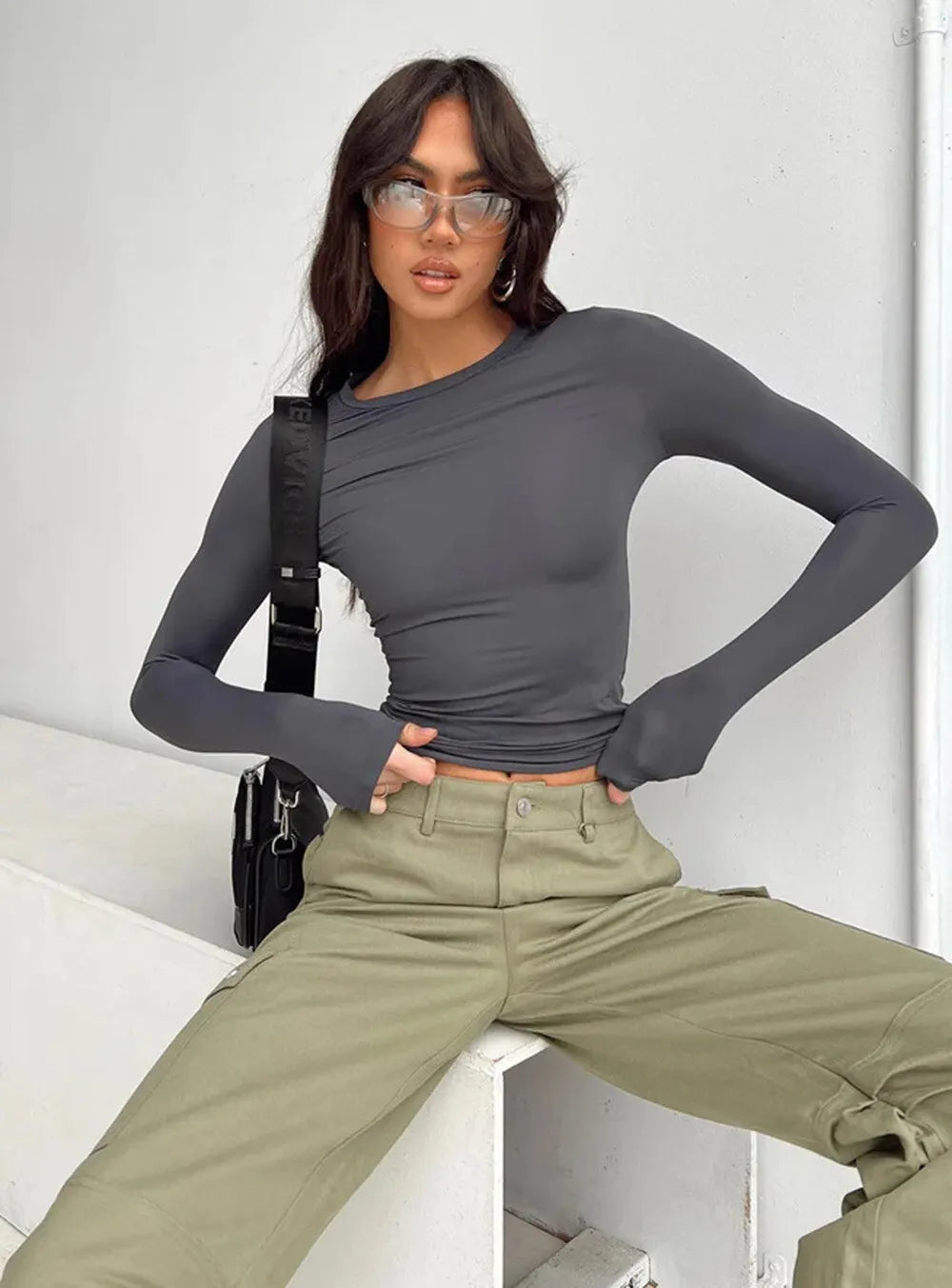 Glenda - Women's Slim-Fit Long Sleeve Ruched Top Soft and Stretchy