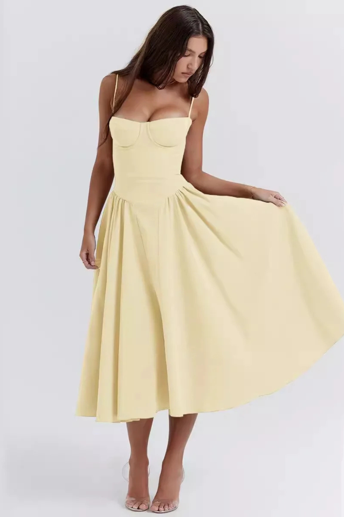 Women's Bustier Midi Dress with Flared Skirt