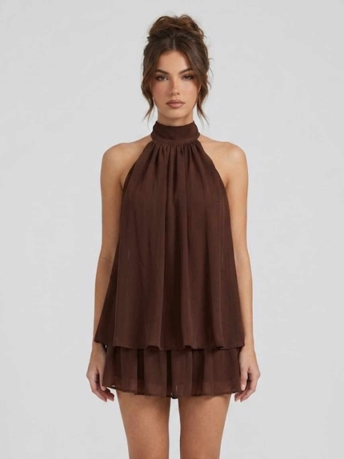 Cleo - Vestido de fiesta con volantes y cuello halter para mujer
