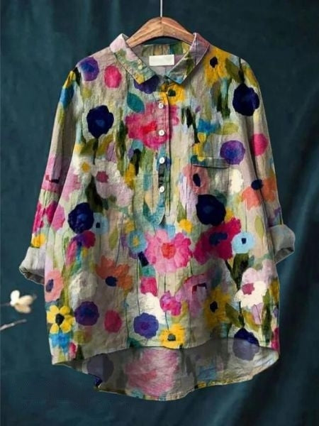 Women's cotton-linen floral shirt, print 9 - dark bouquet