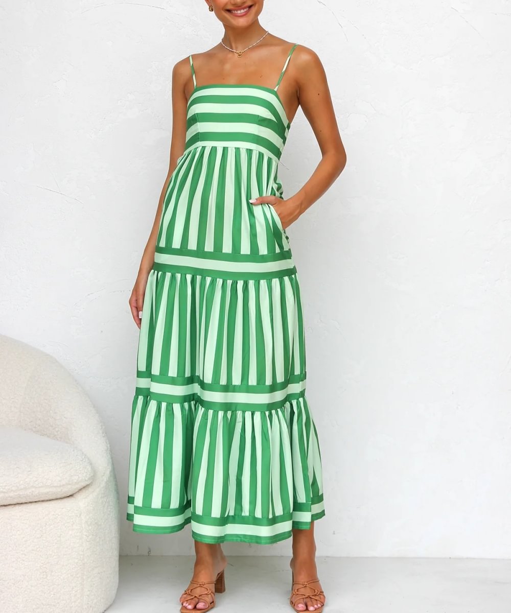 Harley - Women's Striped Tiered Midi Dress Cotton Blend for Casual Elegance