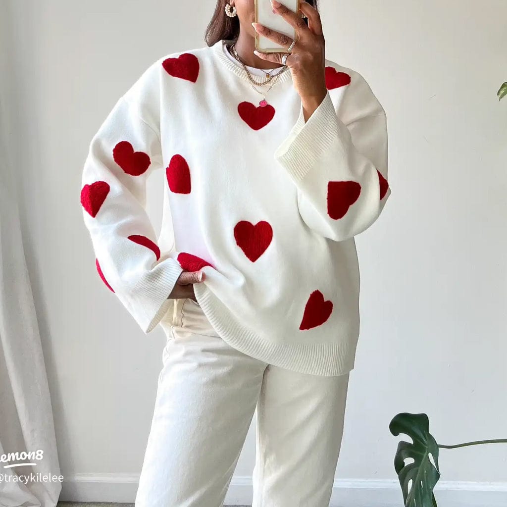 Florence - Women's Heart Print Knit Sweater Casual Cozy Wear