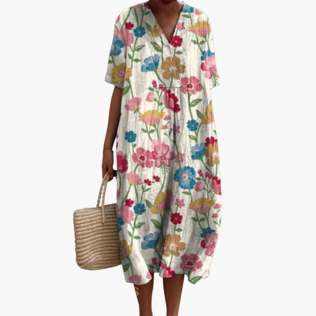 Women's Floral V Neck Relaxed Midi Dress for Everyday Wear