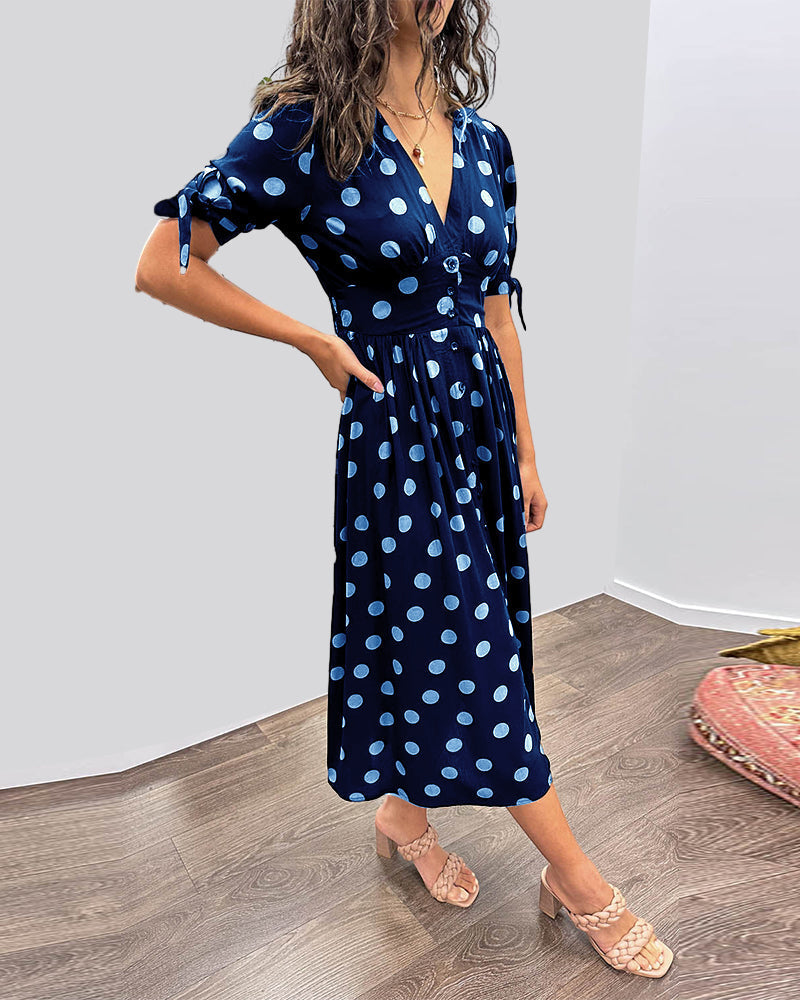 Rachelle - Abito midi svasato da donna a pois con scollo a V