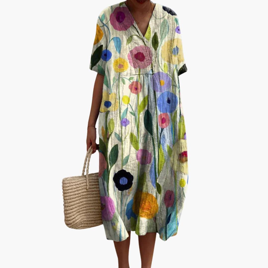 Women's Floral V Neck Relaxed Midi Dress for Everyday Wear