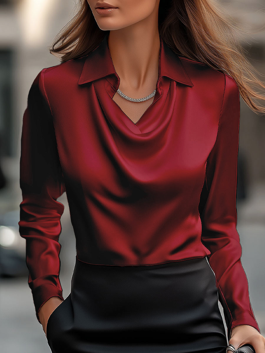 Women’s Elegant Satin Blouse - Draped Cowl Neck - Long Sleeve - Refined Work-to-Evening Top