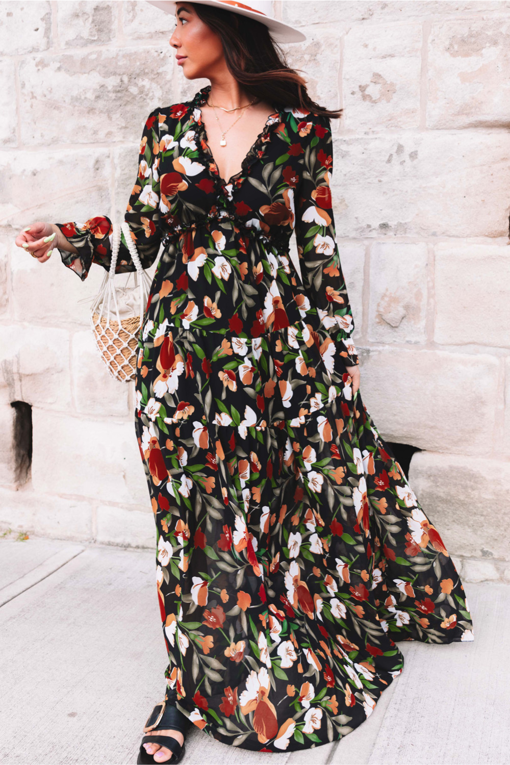 Aveline - Women's Wild Lotus Ruffle Tiered Maxi Dress