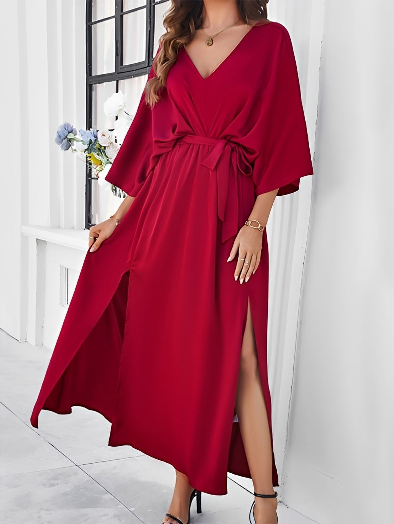 Women's Satin Maxi Dress with Tie Waist and Side Slit