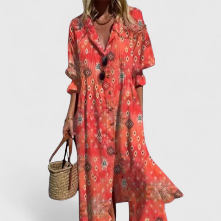 Paula - Dámské Boho Maxi šaty s výrazným potiskem