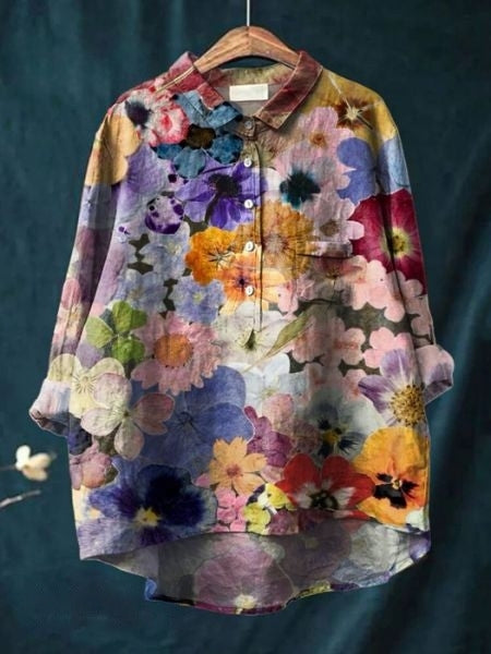 Women's cotton-linen floral shirt, print 8 - purple meadow