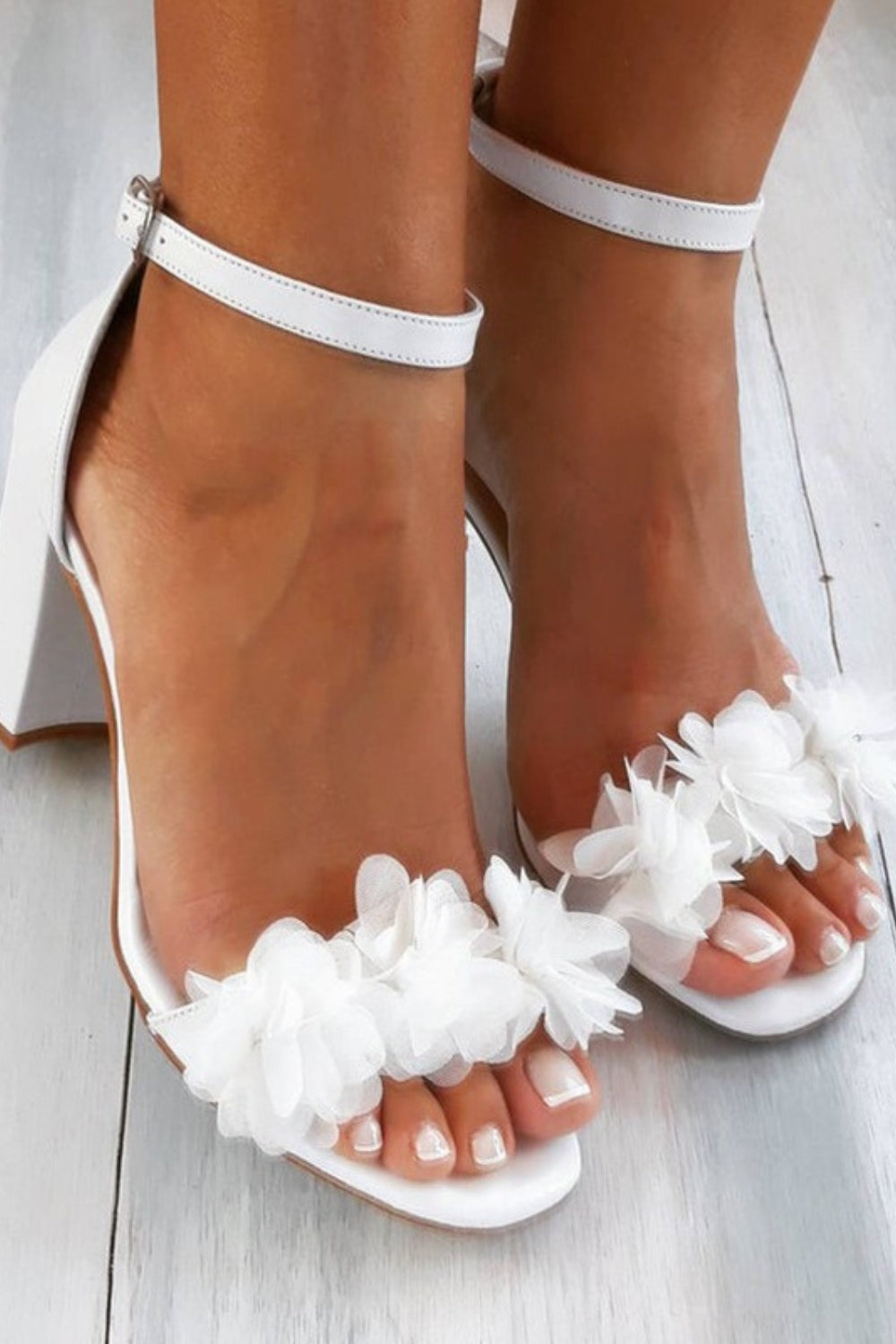 Odelia - Women's Floral Strap Heels White Satin and Mesh Wedding Heels