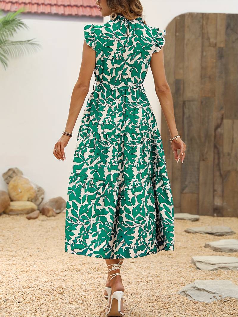 Eleanor - Women's Ruffled Sleeve Leaf Print Summer Dress with Belt