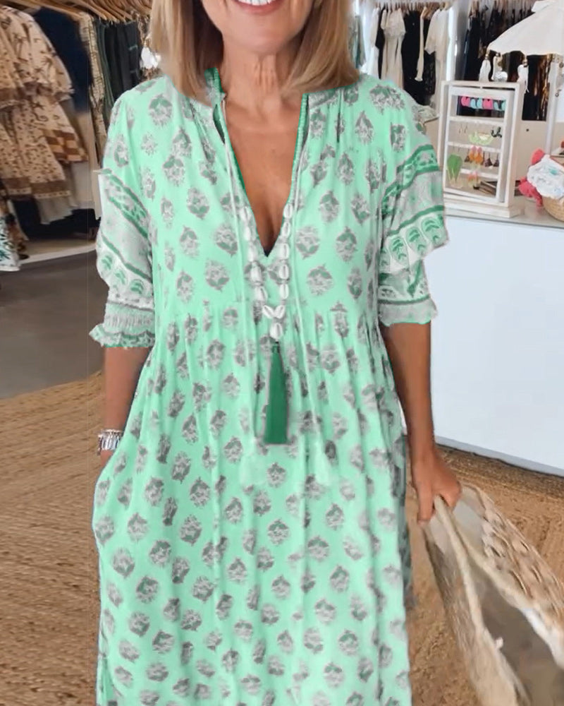 Emma - Women's Printed V-Neck Half-Sleeve Dress
