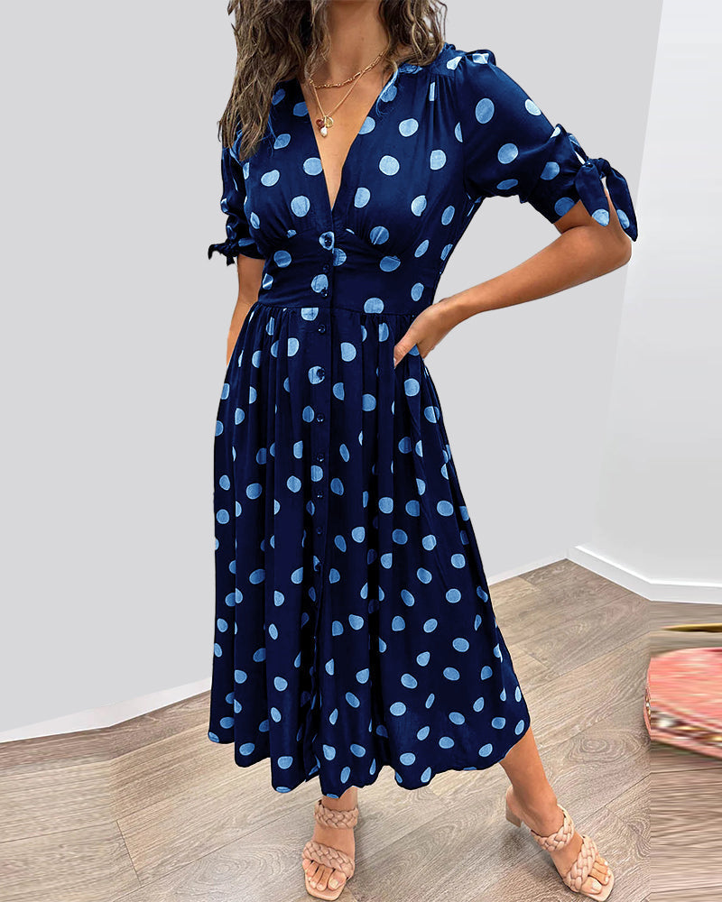 Rachelle - Abito midi svasato da donna a pois con scollo a V