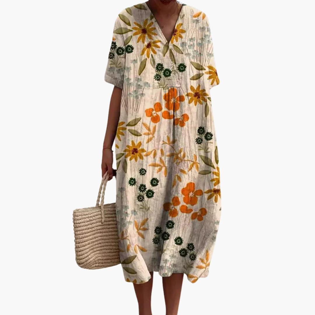 Women's Floral V Neck Relaxed Midi Dress for Everyday Wear