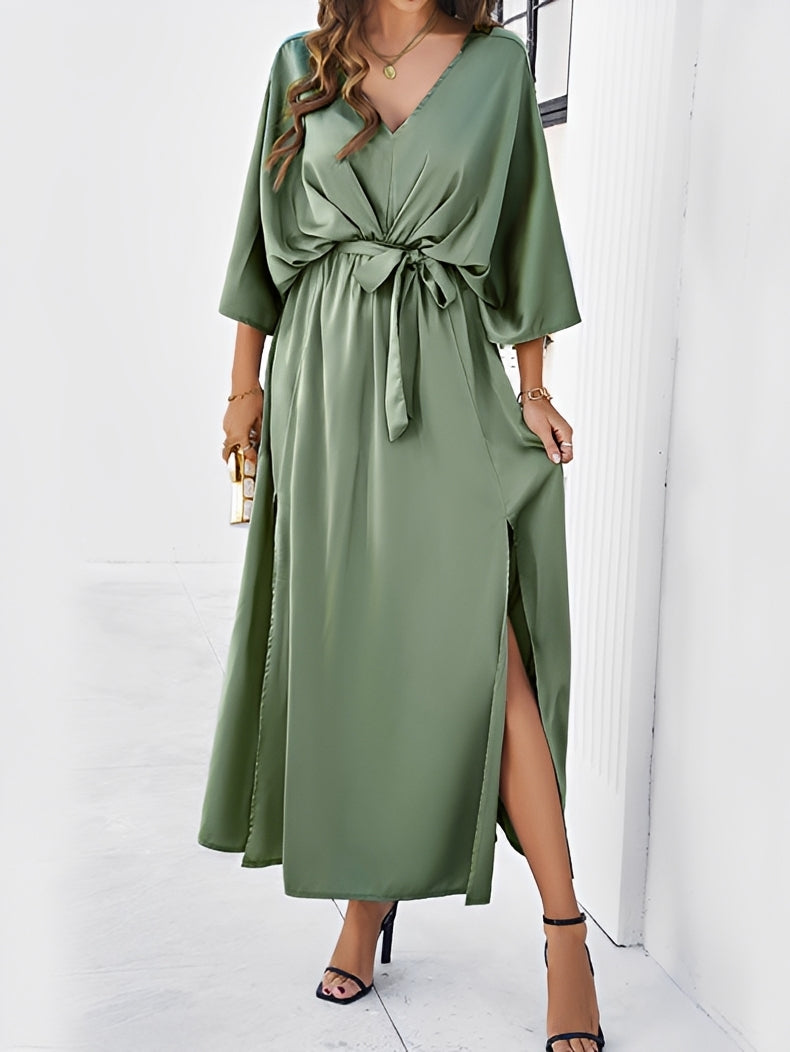 Women's Satin Maxi Dress with Tie Waist and Side Slit