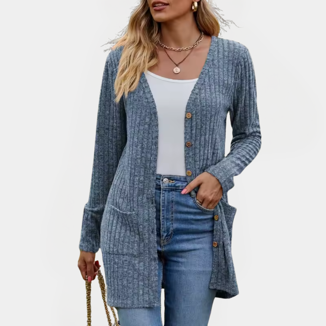 Jemima - Women's Ribbed Knit Button-Up Longline Cardigan
