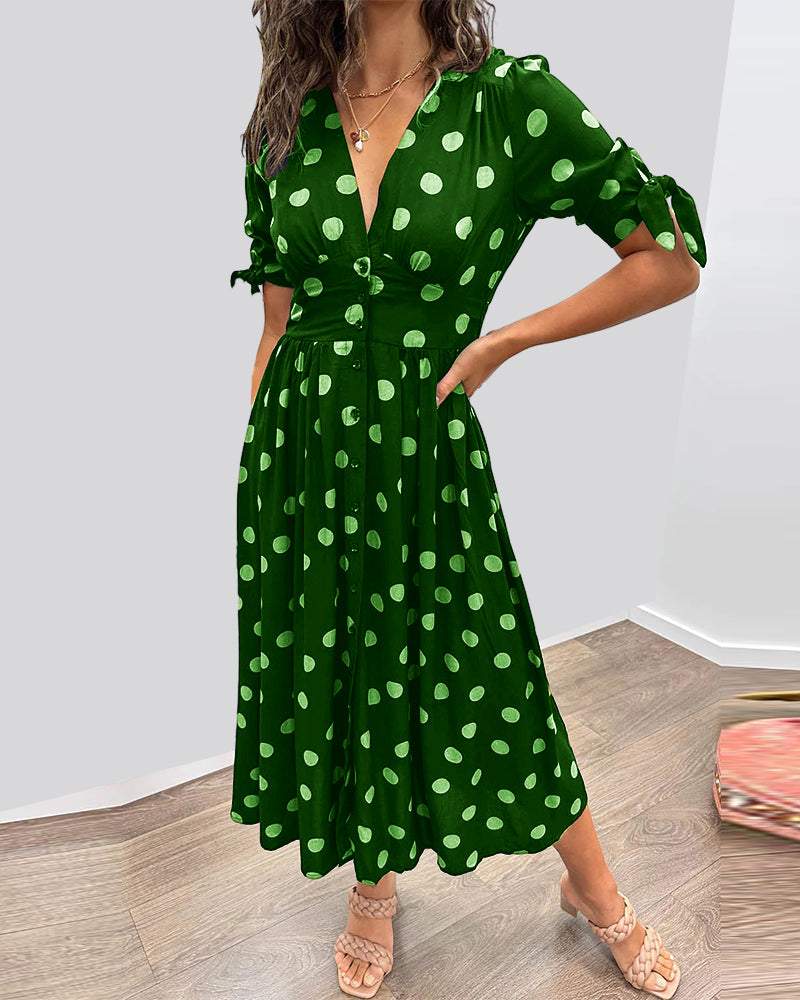 Rachelle - Abito midi svasato da donna a pois con scollo a V