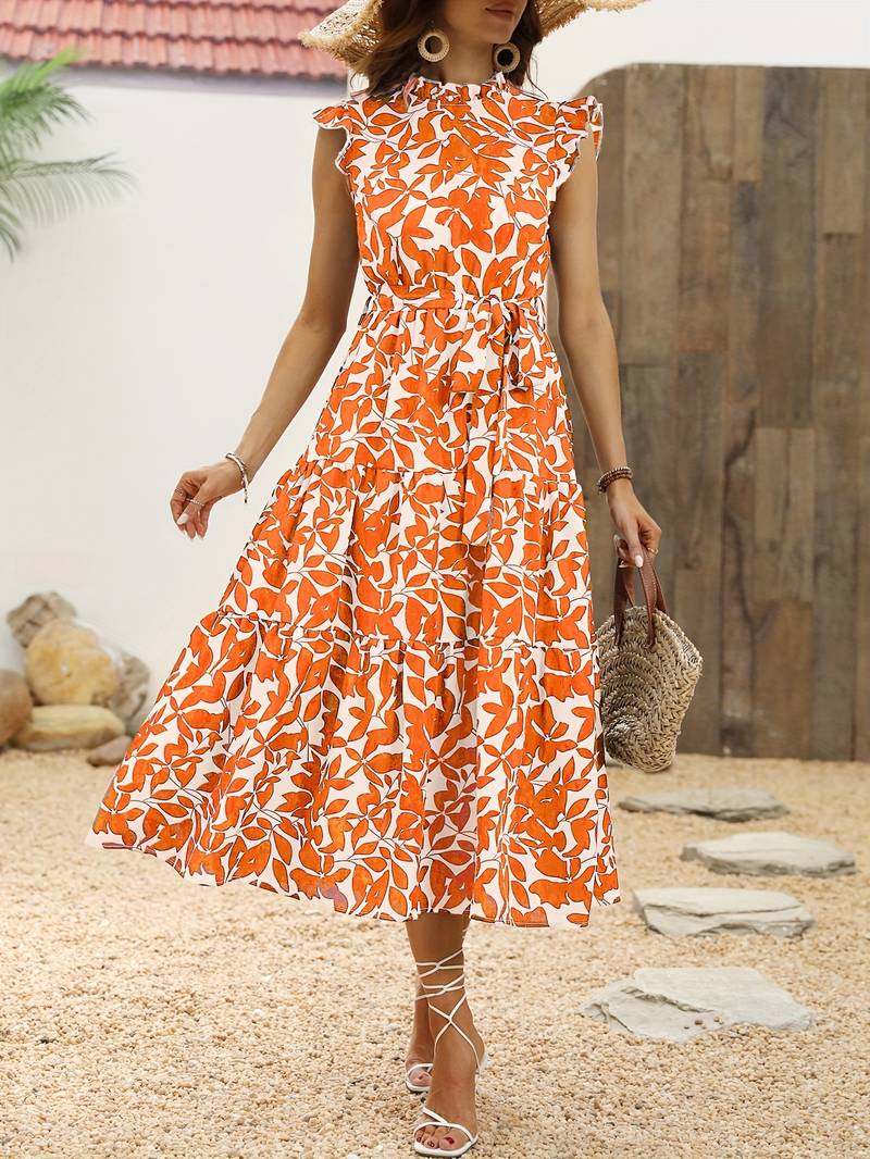 Eleanor - Women's Ruffled Sleeve Leaf Print Summer Dress with Belt