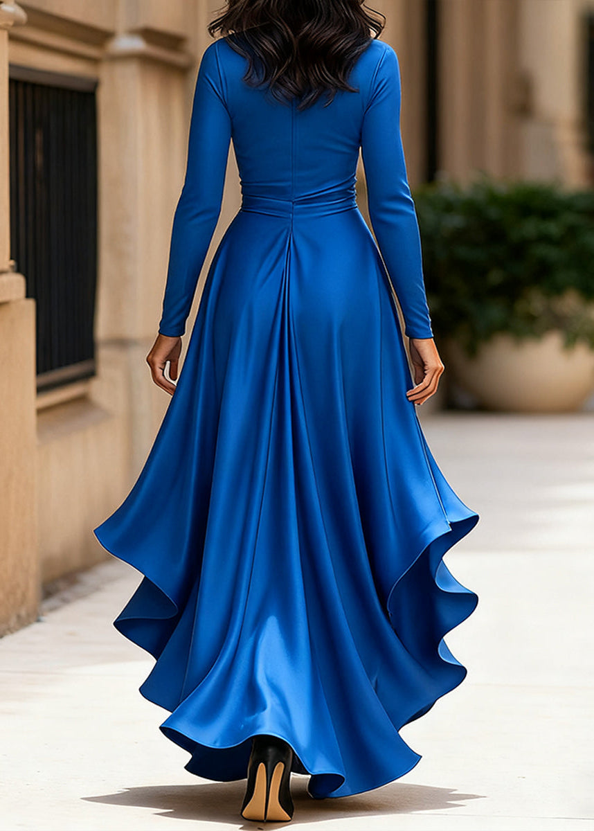 Women's Satin Wrap Dress with Long Sleeves and Asymmetric Hem