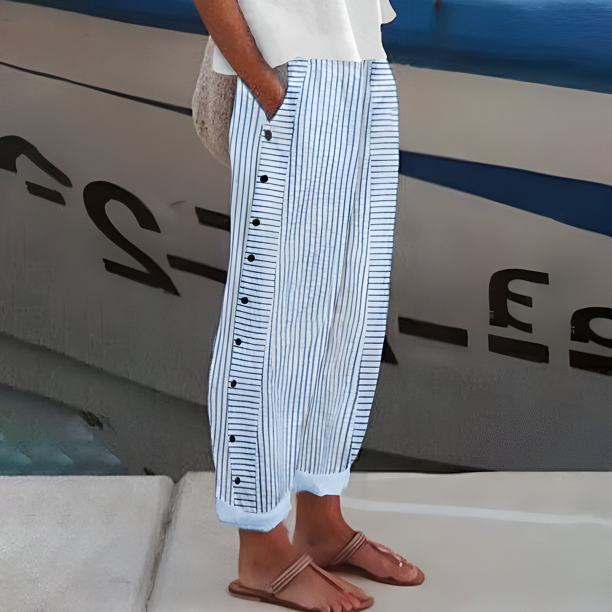 Women's Trousers | Stripe Panel Button Detail