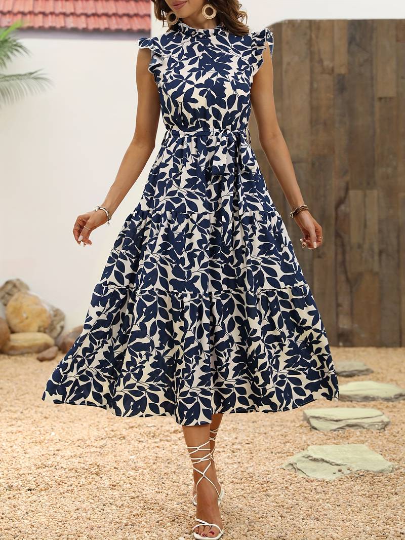 Eleanor - Women's Ruffled Sleeve Leaf Print Summer Dress with Belt