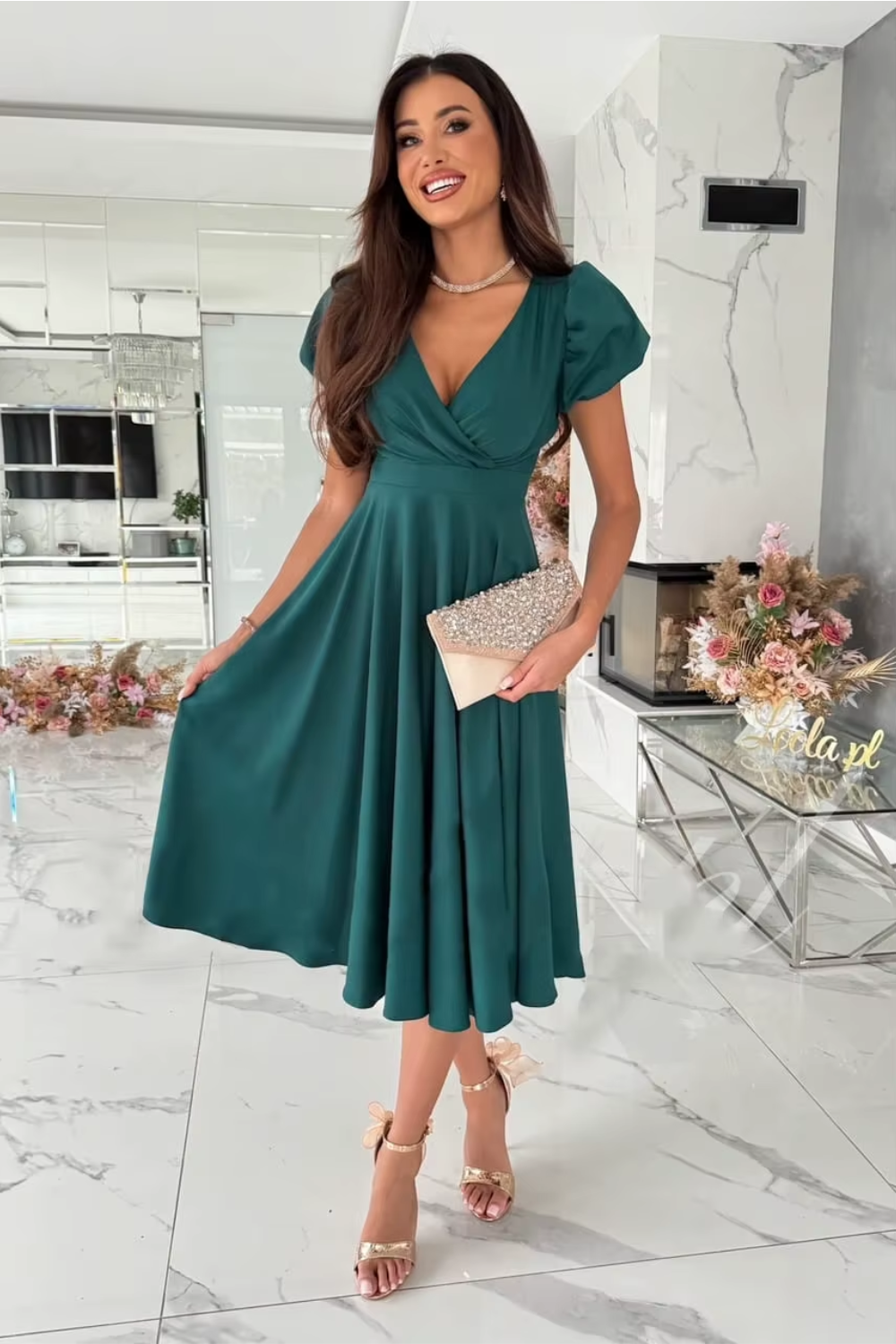 Anika - Women's V-Neck Midi Dress for Weddings and Special Occasions