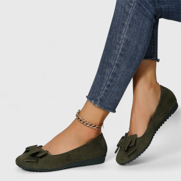 Women's Suede Ballet Flats with Orthopedic Footbed and Bow