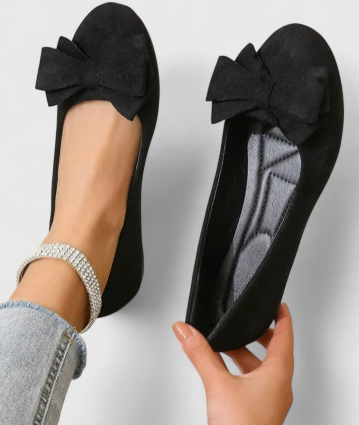 Women's Suede Ballet Flats with Orthopedic Footbed and Bow in Black
