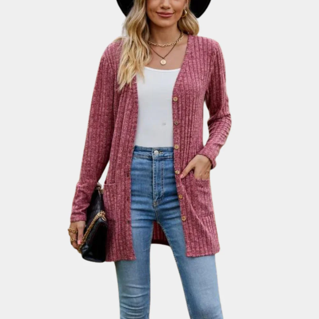 Jemima - Women's Ribbed Knit Button-Up Longline Cardigan