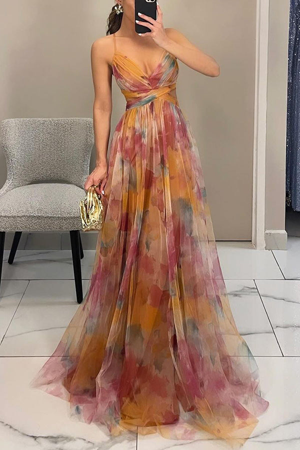 Nadia - Women's Multicolour V-Neck Slip Maxi Dress