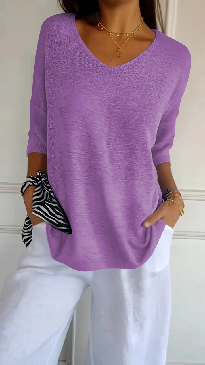 Blouse femme à col en V, manches 3/4 et ourlet arrondi