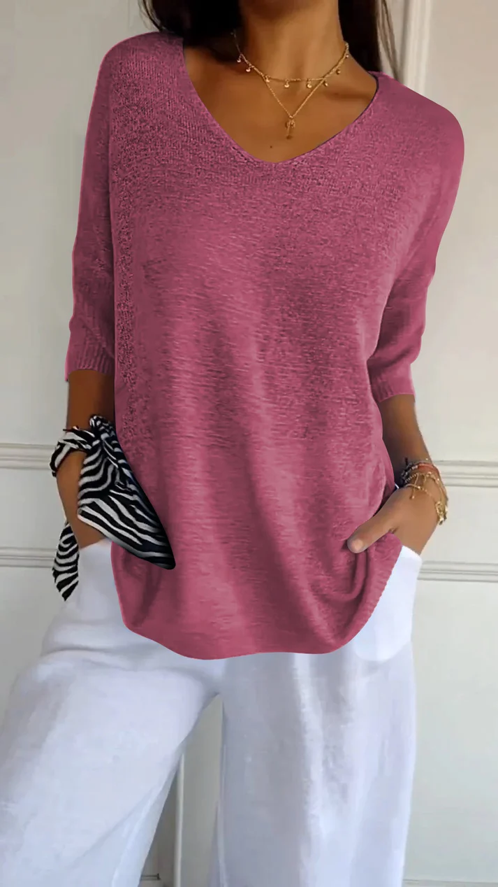 Blouse femme à col en V, manches 3/4 et ourlet arrondi