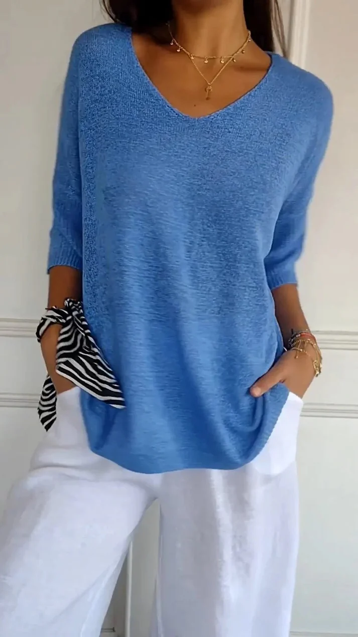 Blouse femme à col en V, manches 3/4 et ourlet arrondi