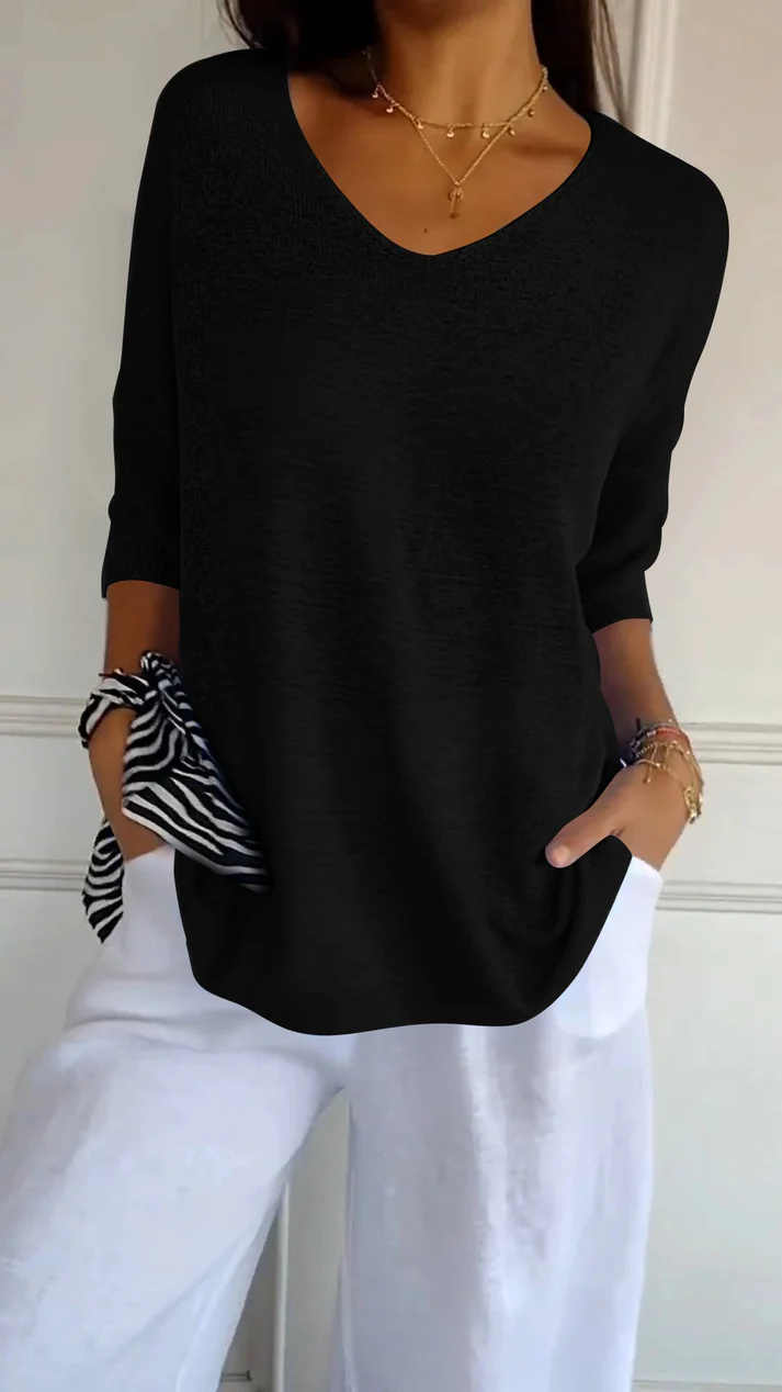 Blouse femme à col en V, manches 3/4 et ourlet arrondi