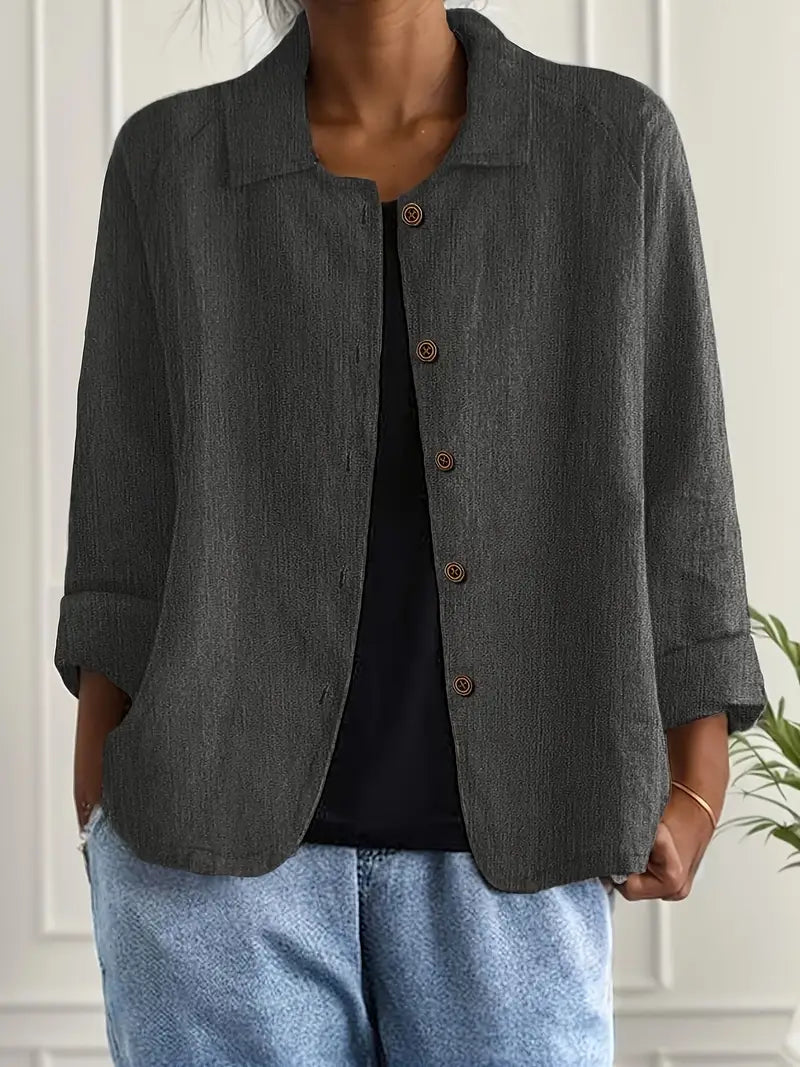 Women's linen-look button front overshirt in charcoal