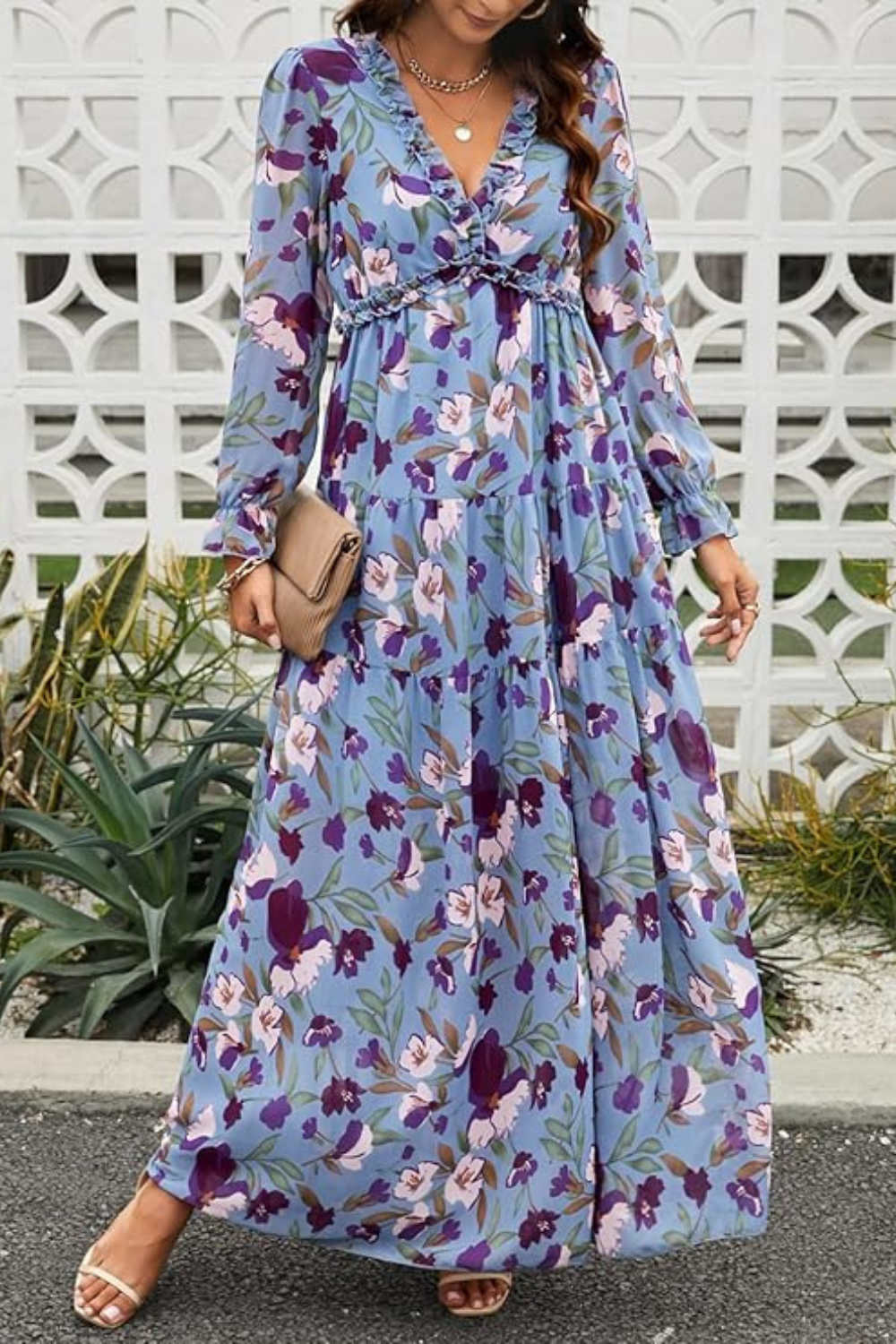 Aveline - Women's Wild Lotus Ruffle Tiered Maxi Dress