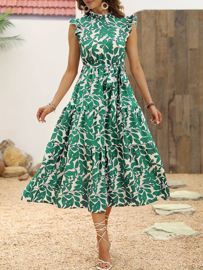 Eleanor - Women's Ruffled Sleeve Leaf Print Summer Dress with Belt
