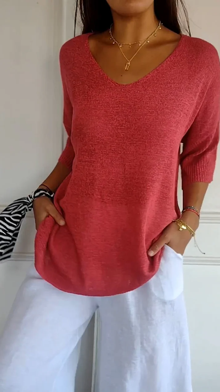 Blouse femme à col en V, manches 3/4 et ourlet arrondi