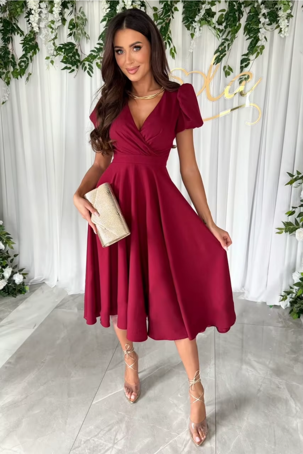 Anika - Women's V-Neck Midi Dress for Weddings and Special Occasions