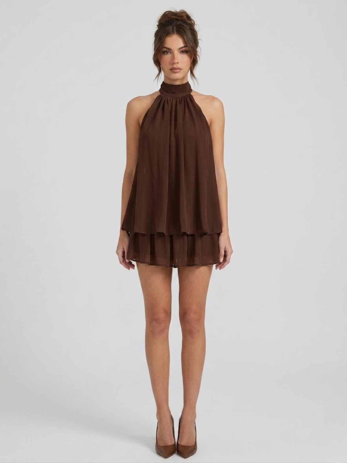 Cleo - Vestido de fiesta con volantes y cuello halter para mujer