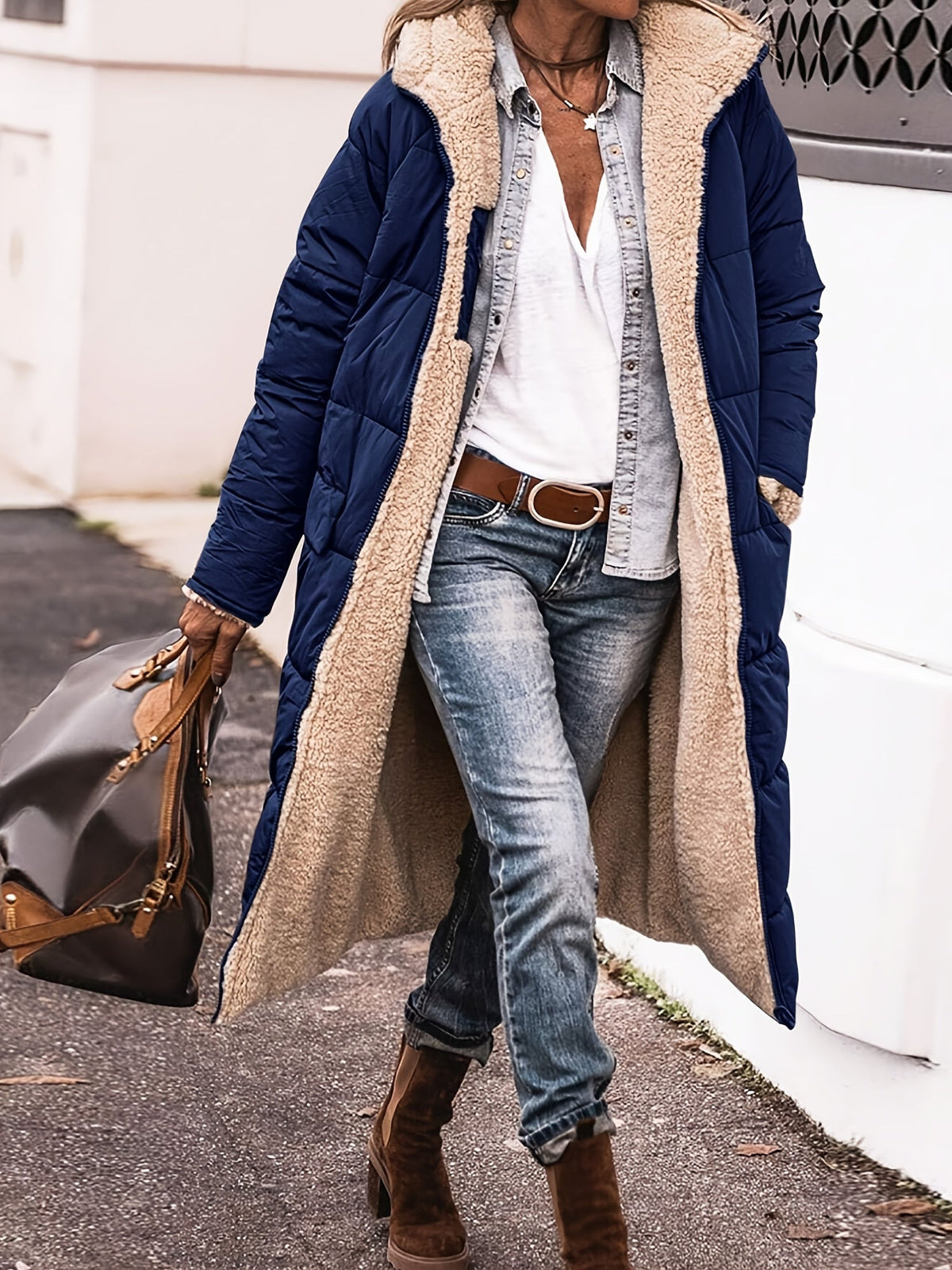 Women's Long Open Coat with Teddy Lining