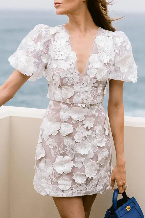 Josette - Women's Floral Mini Dress with Puff Sleeves