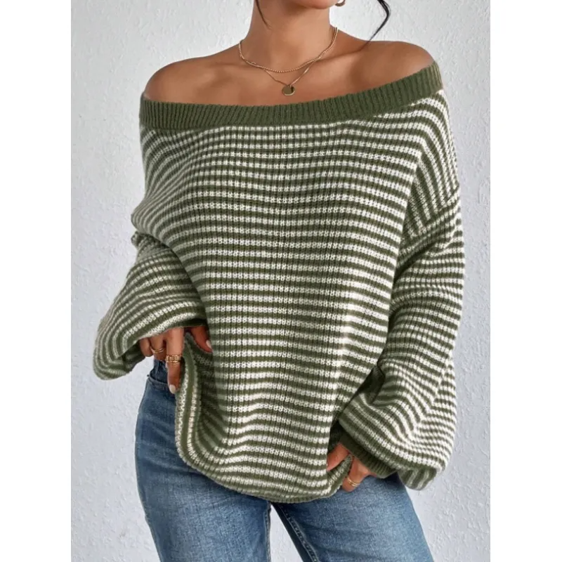Maglione da donna in maglia a righe con scollo a spalle scoperte